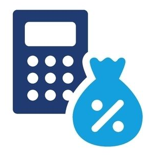 Blå ikon med miniräknare och pengasäck, symbol för moms och deklaration.