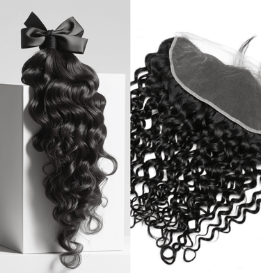A side-by-side image displaying an example of the Jet Black Curly Bundle & Frontal Deals.
