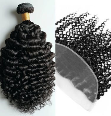 A side-by-side image displaying an example of the Jet Black Tight Curly Bundle & Frontal Deals.