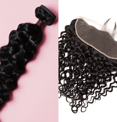 A side-by-side image displaying an example of the Natural Brown Loose Curly Bundle & Frontal Deals.