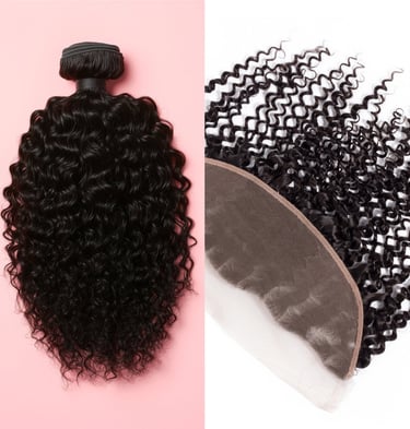 A side-by-side image displaying an example of the Natural Brown Tight Curly Bundle & Frontal Deals.