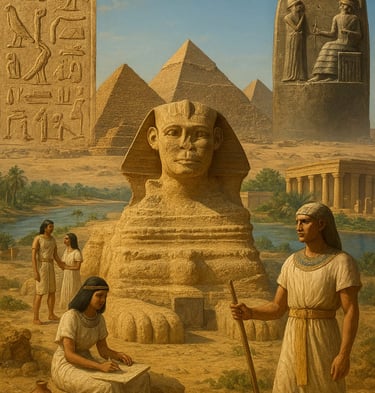 Ancient Egypt pyramids, Sphinx, and hieroglyphs illustration.