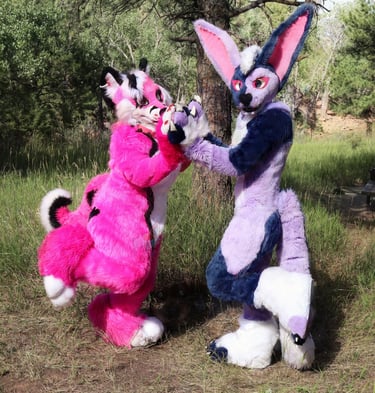 two furry fursuits standing with hands pressed togeather