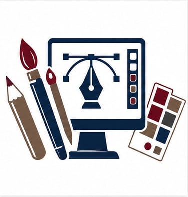 graphic design icon featuring a monitor, along with a pencil, paintbrush, and color swatches