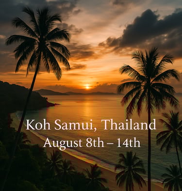 Koh Samui Thailand at sunset with palm trees and shimmering waters