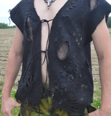 handmade black  nuno felted wool vest with cut out decor
