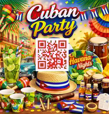 Cuab party estive decorations, party supplies, favors, and colorful plates inspired by Cuban culture