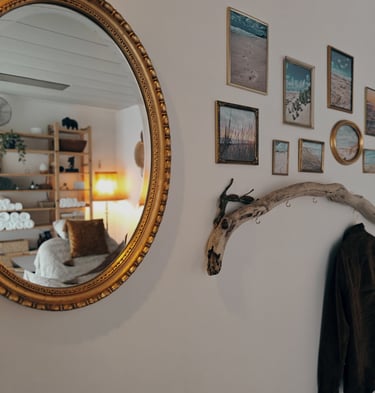 a mirror reflecting a wall with a coat rack and nature pictures