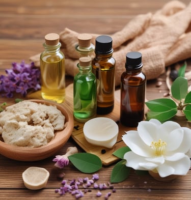a wooden table topped with bottles of essential oils