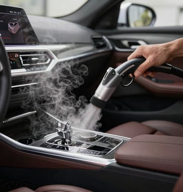 Luksusowy detailing wnętrza samochodu i bezpieczna dezynfekcja tapicerki za pomocą pary z maszyny EV Poseidon.