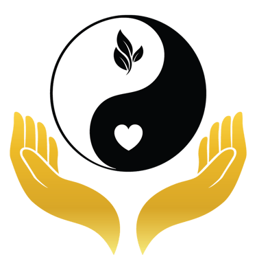 Senti Viva Logo mit Yin-Yang Symbol, Herz, Blattmotiv und schützenden Händen in Gold und Schwarz
