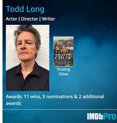 Image of IMDb Pro card of Todd Long mentioning 11 film awards, 3 nominations, & 2 additional awards
