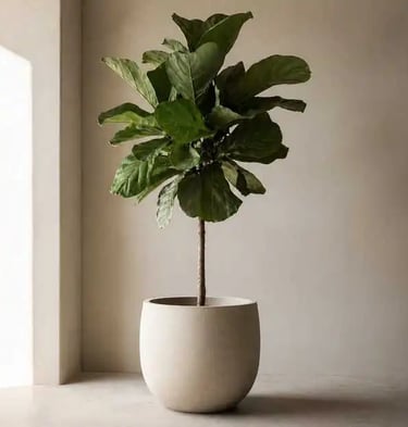 Contemporary Indoor Plant Styling: Fiddle Leaf Fig in Minimalist Neutral Pot for Modern Living Room