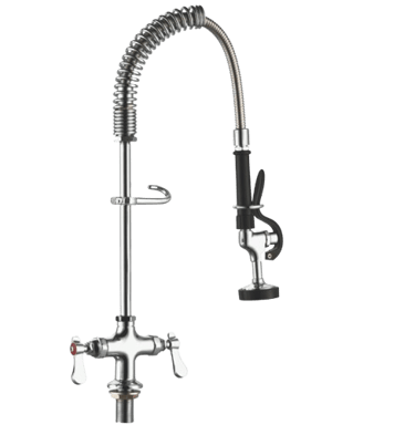 Chrome-finished taps and faucets with a flexible spring-neck and trigger spray valve.