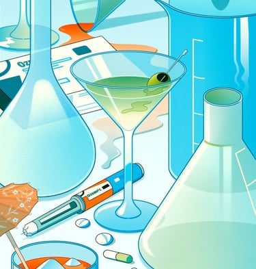 a drawing of a cocktail next to a GLP-1 drug