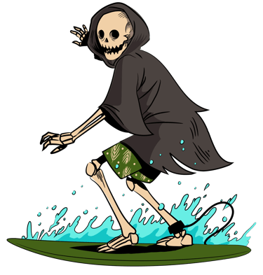 Cartoon grim reaper skeleton surfing on a green surfboard with blue ocean waves.