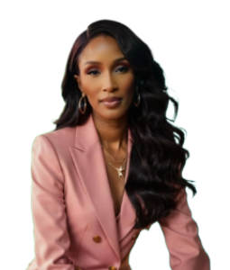 a woman in a pink suit and gold jewelry