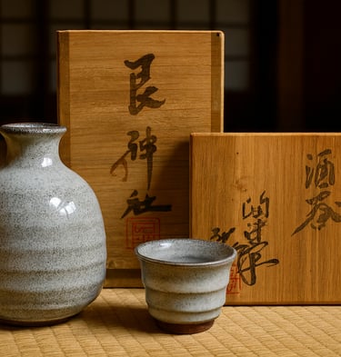 handgefertigtes japanisches Sake-Set in Holzbox – traditionelle Keramik aus Japan