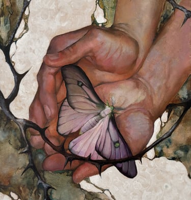 Painting titled 'The Butterfly Who Doesn't Know He Can Fly' depicting two hands gently cupping a lar