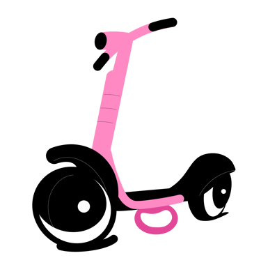 Różowa hulajnoga z czarnymi błotnikami i oczami zamiast kółek.