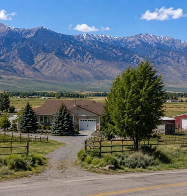 A rural ranch house and red barn sitting before a vast mountain range under a blue sky.