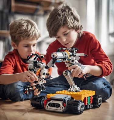 two boys playing with legos on a couch