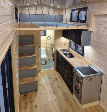 Tiny house kitchen wooden walls
