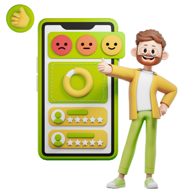 3D character showing website results with SEO and web design