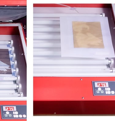 The print with the Platinum solution is placed in a press with UV light and the negative