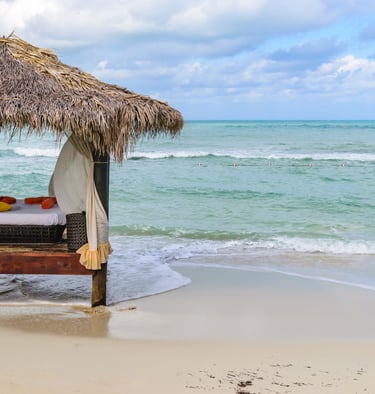 a bed with a canopy over it on the beach next to water