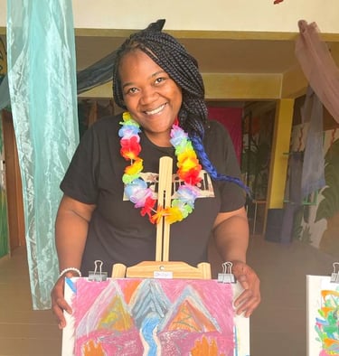 a woman holding a painting of a painting of a woman