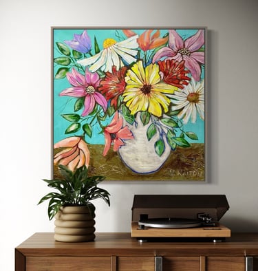 A colourful painting of a vase of flowers by verawalton.com