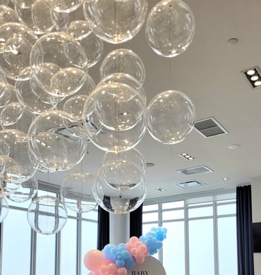 baby blue and pink baby shower balloon backdrop rental