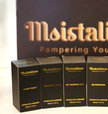 Six elegant Moistalima Extrait de Parfume boxes featuring luxury scents like Sweet Peony and Luxury Velvet.