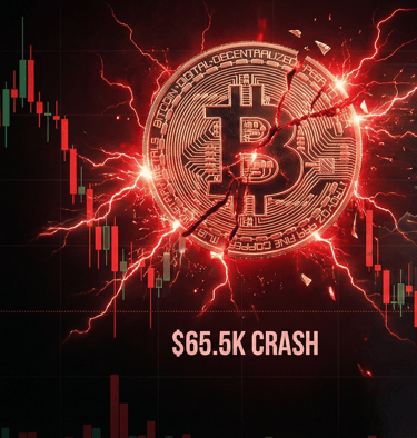 A Bitcoin crash chart with red lightning next to a hand holding a spark plug and fuel nozzle.