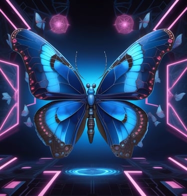 a blue butterfly butterfly in a neon - lit room