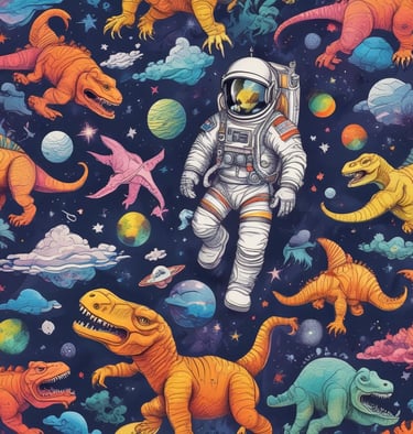 Colorful stretch fabric roll with playful children's and pajamas patterns in purple, white, and blue tones.