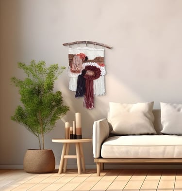 Vævet kunstværk over sofa