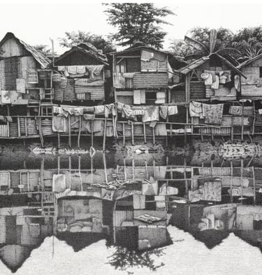 Kampung Jakarta Reflections, ink drawing ©Ken Pattern
