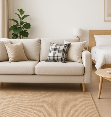 Nettoyage canapé beige et tapis clair dans salon moderne à Toulouse par NetT