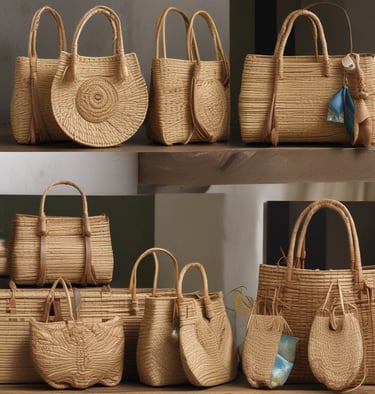 Colorful woven bags and baskets displayed at a market.