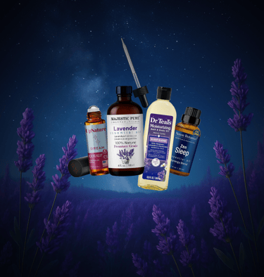Essential oil bottles and products in a lavender field under a starry night sky