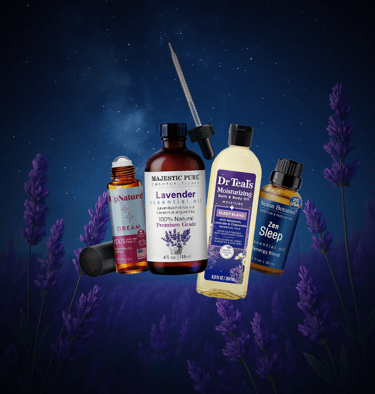 Essential oil bottles and products in a lavender field under a starry night sky