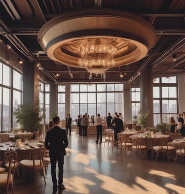 An outdoor event setup with rows of white and black chairs arranged in front of a stage. A large sign on the stage reads 'Festival of creative industries' with a date '09.09'. The venue is surrounded by modern architecture with large windows and a brick building visible in the background. Plants and trees add a natural touch to the urban setting.