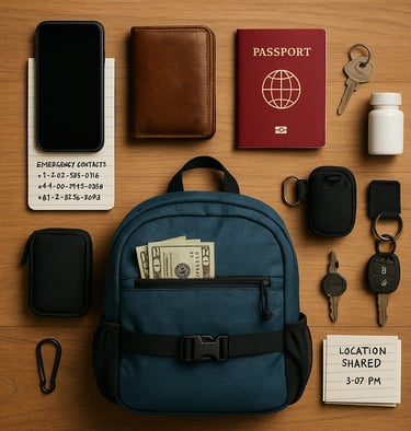 A neatly arranged flat lay of emergency travel essentials on a wooden surface. Items include a smartphone on a notepad labele