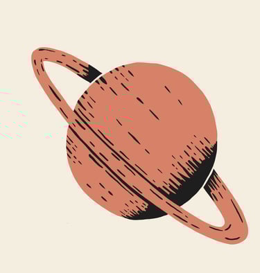 an illustration of a red planet with rings in a hand-drawn, vintage style