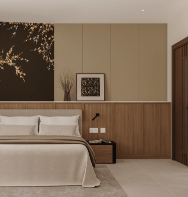 a bedroom with a bed and custom unit behind Japandi Design | Visuals interior design Malta 