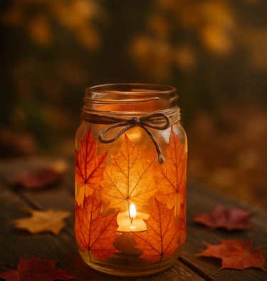 a glowing mason jar lantern decorated with pressed autumn leaves and tied with twine.