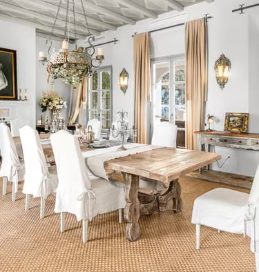 Dining room at Finca Santa Katerina with traditional furniture and chandelier