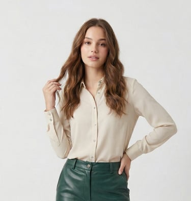 Woman wearing a cream silk button-down blouse and dark green leather pants for a stylish professional outfit.